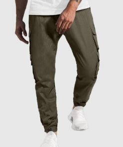 Men Streetwear Multi-Pocket Drawstring Beam Feet Olive Green Cargo Pants
