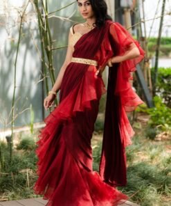Crimson Red Predraped Ruffle Saree