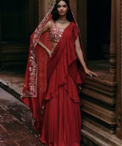 Crimson Red Chiffon Predraped Ruffle Saree