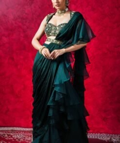 Dark Green Chiffon Ruffled Pre-Draped Saree