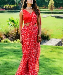 Dark Red Floral Printed Pre- Draped Saree