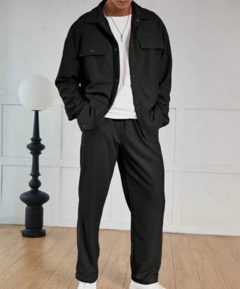 Men Waffle Texture Jacquard Shirt Set In Black