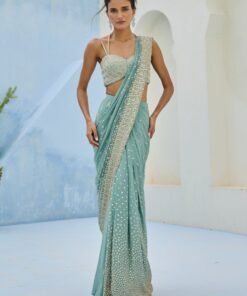 Dusty Green Georgette Predraped Saree