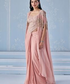 Dusty Pink Georgette Pre-Draped Saree With Corset And Cape