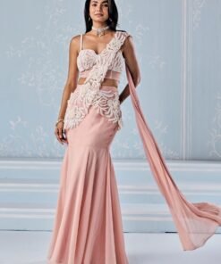 Dusty Pink Organza Mermaid Lehenga Saree Set With Corset