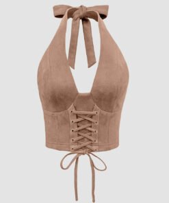 Brown Backless Tank Top with Mid-Section Tie Detail