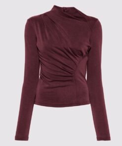 Ruched Zipper Asymmetry Neck Long Sleeve Top In Cherry Red