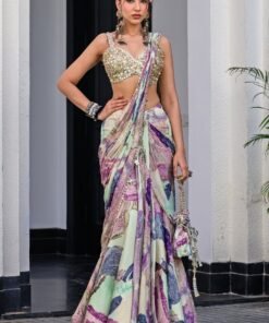 Green Chiffon Predraped Printed Saree With Sequins Blouse