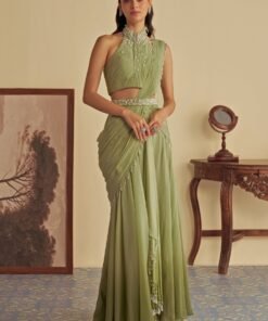Green Ombre Predraped Saree With Halter Blouse