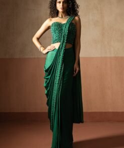 Green Pre Draped Satin Saree With Corset Blouse