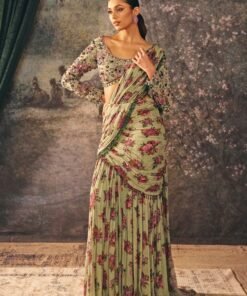 Green Printed Chiffon Pre-Draped Saree
