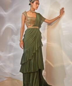 Green Ruffled Georgette Saree