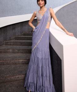 Grey Sequin Tiered Georgette Pre Draped Saree