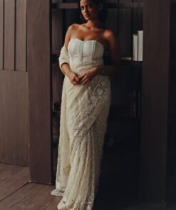 Ivory Embroidered Soft Net Saree With Corset