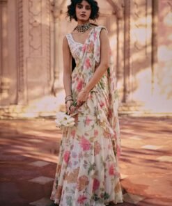 Ivory Floral Printed Chiffon Predraped Saree