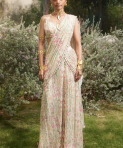 Ivory Printed Georgette Predraped Saree