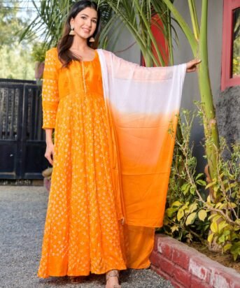 Women's Yellow Bandhani Anarkali Kurta With Dupatta