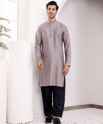 Men's Dark Grey Viscose Embroidery Kurta