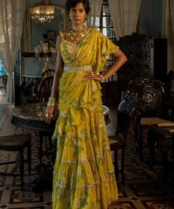 Lime Yellow Printed Predraped Chiffon Saree