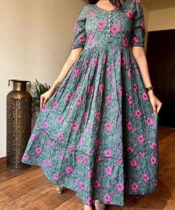 Women's Grey Rayon Printed Round Neck Anarkali Gown