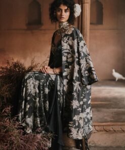 Navy Blue Printed Chiffon Predraped Saree