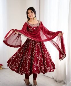 Women's Maroon Georgette Embroidery Anarkali Set