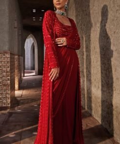 Red Embroidered Georgette Pre Drape Saree