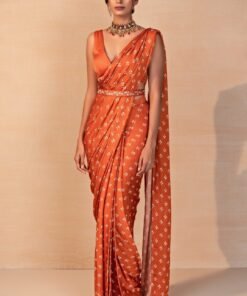 Rust Orange Printed Satin Pre-Draped Saree