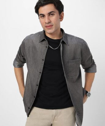 Men's Grey Full Sleeve Regular Fit Casual Denim Shirt