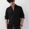 Men's Black Linen Blend Full Sleeve Relaxed Fit Mandarin Collar Casual Solid Shirt