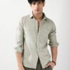 Men's Beige Linen Blend Full Sleeve Relaxed Fit Casual Solid Shirt