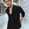 Men's Black Cotton Full Sleeve Regular Fit Textured Shirt with Spread Collar