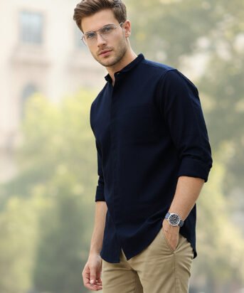 Men's Navy Cotton Full Sleeve Regular Fit Casual Solid Shirt with Band Collar