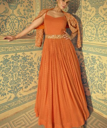 Women's Orange Viscos Simmer Jacquard Silk Embroidered Gown