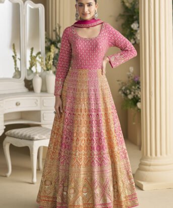 Women's Pink Embroidered Seroski Zarkan Gown With Embroidered Dupatta