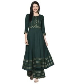 Women Bottle Green Rayon Anarkali Kurta with Palazzo by Hello Hi (